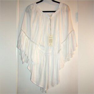 Elan Off Shoulder Bell Sleeve Crochet Trim Romper Cover Up